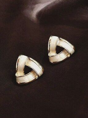 Aspen Drip Spun Enamel Open Triangle Earring in Creamy White and Gold Gift Boxed